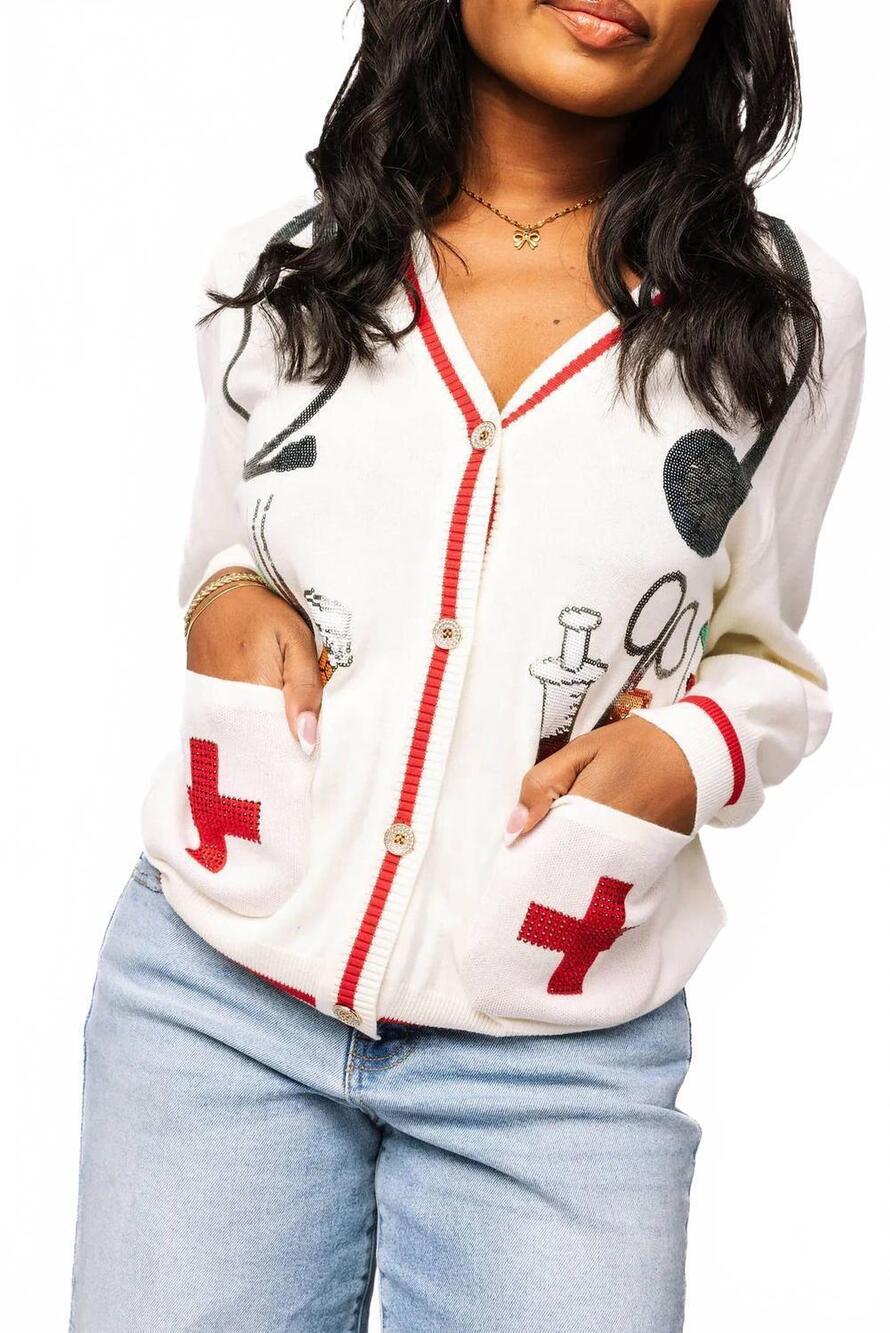NEW QUEEN OF SPARKLES medical instrument cardigan in white